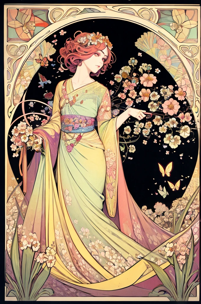 (art nouveau:1.25), Maximalism artstyle,neon theme,suprematism,beautiful detailed flower, beautiful detailed eyes,hyper detailed,flower,hyper quality,,eyes,flower and hair is same color,beautifuly color,face,her hair is becoming flower, flower,hair,flower,butterfly,,1girlkawaii,,high details, high quality,back light,hair and clothes is flower,upper body ,high quality,hair with body ,webbed dress, upper body, flower leg, flower hands,body with flower,    flower with clothes , dress with flower, , light particles,black background,  Hair with flower,small breast with flower,floating hair with flower,floating1girl,small breast,  marbling with hair and clothes, looking at viewer,original,arm down, paper cutting, black background, flower forground,  hair with flower,highres, hair with  flower,hair with flower ,hair,  wavy hair ,diffusion lighting, abstract,Butterfly with  body,   flower with hair, her hair is flower,big top sleeves, floating,pupils, [[hair over one eye]],dark