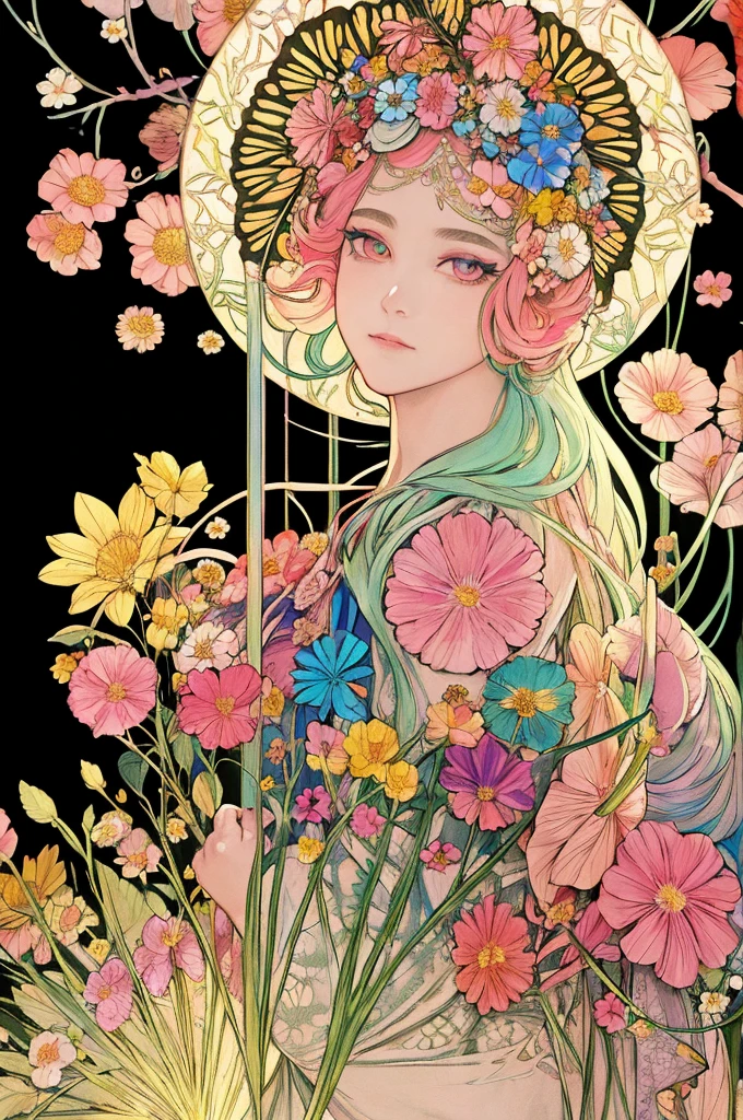 (art nouveau:1.25), Maximalism artstyle,neon theme,suprematism,beautiful detailed flower, beautiful detailed eyes,hyper detailed,flower,hyper quality,,eyes,flower and hair is same color,beautifuly color,face,her hair is becoming flower, flower,hair,flower,butterfly,,1girlkawaii,,high details, high quality,back light,hair and clothes is flower,upper body ,high quality,hair with body ,webbed dress, upper body, flower leg, flower hands,body with flower,    flower with clothes , dress with flower, , light particles,black background,  Hair with flower,small breast with flower,floating hair with flower,floating1girl,small breast,  marbling with hair and clothes, looking at viewer,original,arm down, paper cutting, black background, flower forground,  hair with flower,highres, hair with  flower,hair with flower ,hair,  wavy hair ,diffusion lighting, abstract,Butterfly with  body,   flower with hair, her hair is flower,big top sleeves, floating,pupils, [[hair over one eye]],dark