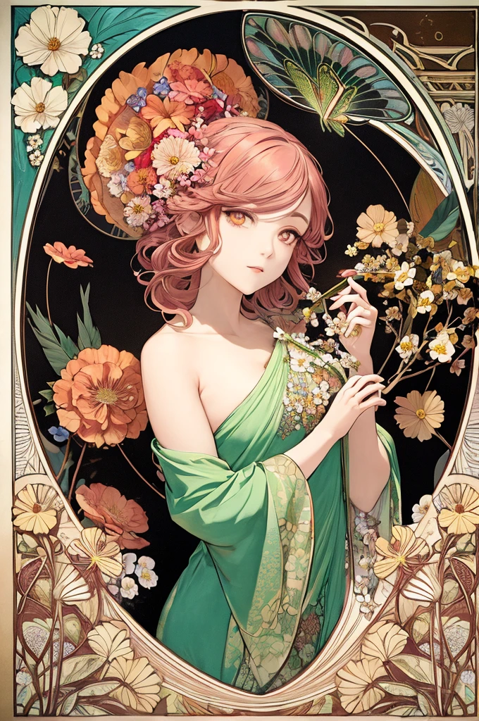 (art nouveau:1.25), Maximalism artstyle,neon theme,suprematism,beautiful detailed flower, beautiful detailed eyes,hyper detailed,flower,hyper quality,,eyes,flower and hair is same color,beautifuly color,face,her hair is becoming flower, flower,hair,flower,butterfly,,1girlkawaii,,high details, high quality,back light,hair and clothes is flower,upper body ,high quality,hair with body ,webbed dress, upper body, flower leg, flower hands,body with flower,    flower with clothes , dress with flower, , light particles,black background,  Hair with flower,small breast with flower,floating hair with flower,floating1girl,small breast,  marbling with hair and clothes, looking at viewer,original,arm down, paper cutting, black background, flower forground,  hair with flower,highres, hair with  flower,hair with flower ,hair,  wavy hair ,diffusion lighting, abstract,Butterfly with  body,   flower with hair, her hair is flower,big top sleeves, floating,pupils, [[hair over one eye]],dark