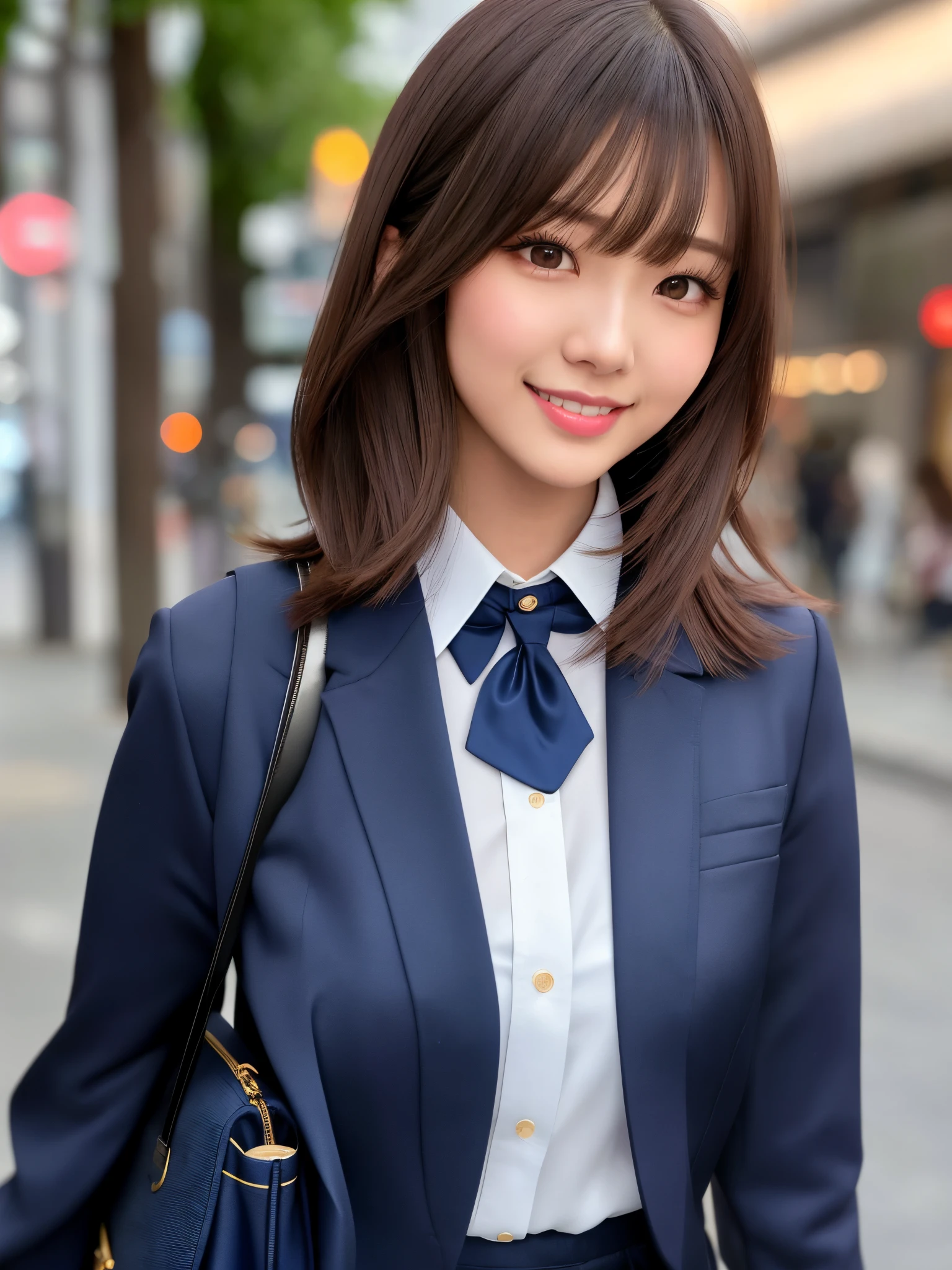 Product quality, 1girl in, upperbody shot, Front view, a Japanese young pretty woman, Long bob hair, Walking on the crowded sidewalks of the city with a big smile, school bag on her shoulder, Glamorous figure, Wearing a dark blue jacket over a white collared shirt、Wearing a shiny satin dark blue plain long tie, wearing a dark blue pleated skirt, hyper cute face, Glossy lips, Double eyelids in both eyes, Natural makeup, long eyelashes, Glossy smooth light brown long bob hair, asymmetrical bangs, skin tanned, central image, High resolution, high detailing, detailed hairstyle, Detailed face, spectacular movie lighting, Octane Rendering, Vibrant, Hyper realistic, Perfect limbs, Perfect Anatomy
