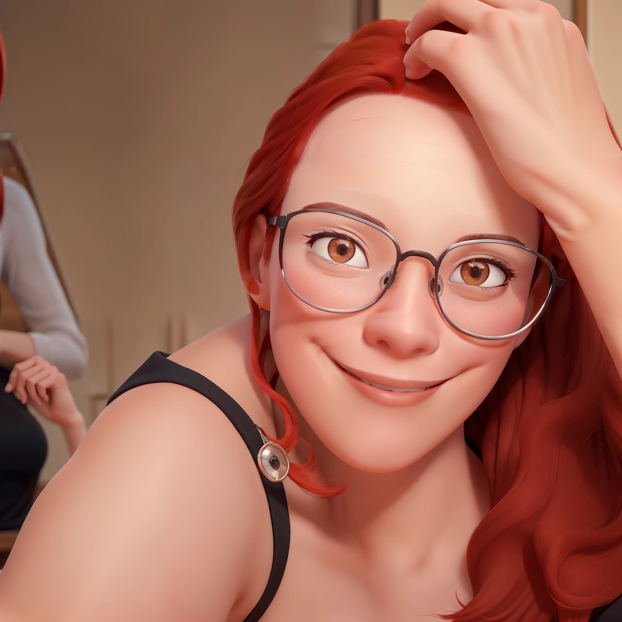 Obra-prima, de melhor qualidade, The image features a woman with red hair, wearing glasses and a black top. She is posing for a picture, with her hand on her head. The woman appears to be smiling and enjoying the moment. The scene takes place in a room, with a chair visible in the background.