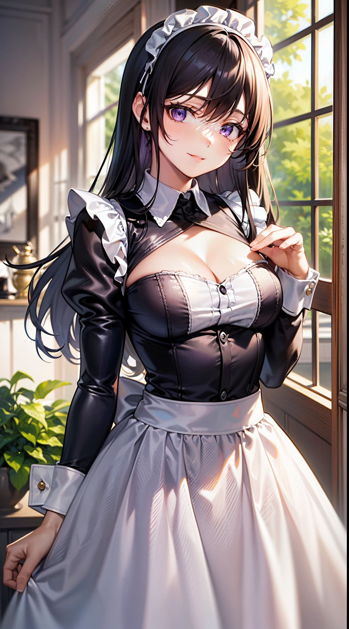 ((beste Quality)), ((Masterpiece)), (超detailded:1.4),(32k images),(ultra-high detailed),Best Anime,Sharpness,The best wallpapers,(Perfect anatomy without destruction),(Beautiful eyes with detailed and detailed details,Lustrous purple eyes),(Glossy pale purple long hair:1.1),((maid:1,)),(Adult women in their early 20s),(Very dense and delicate maid clothes:1.5,Long flared skirt),Sorrisos:1.6