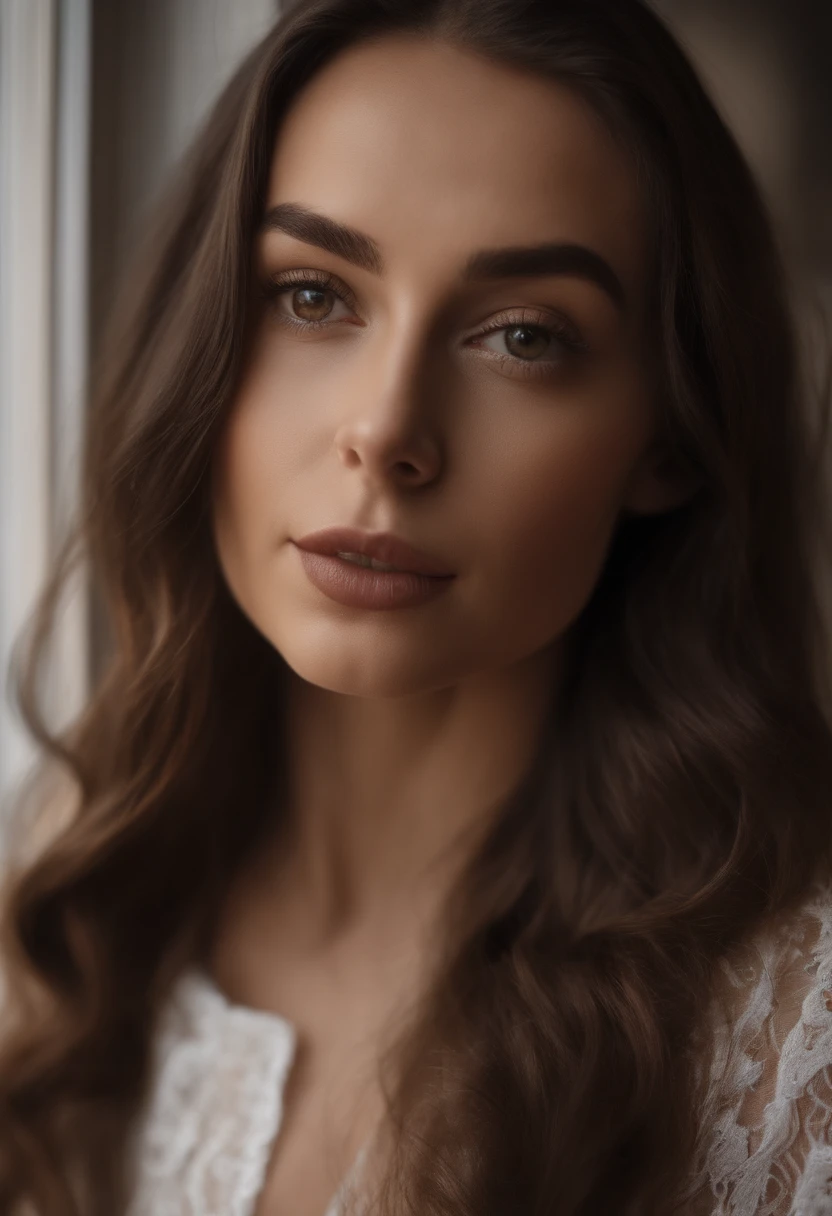 arafed woman with white dress, sexy girl with brown eyes, portrait sophie mudd, brown hair and large eyes, selfie of a young woman, violet myers, without makeup, natural makeup, looking directly at the camera, face with artgram, subtle makeup, stunning full body shot, sitting at the caffee, cleavage