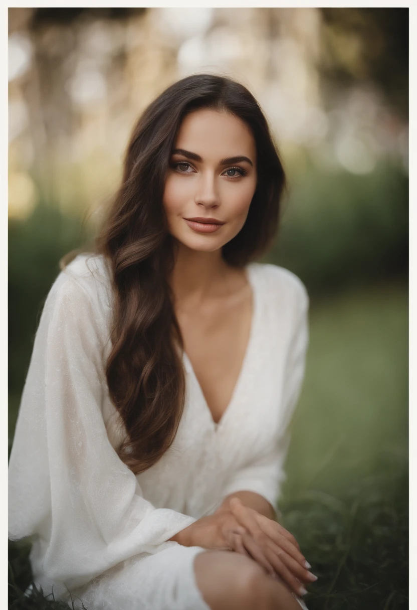 arafed woman with white dress, sexy girl with brown eyes, portrait sophie mudd, brown hair and large eyes, selfie of a young woman, violet myers, without makeup, natural makeup, looking directly at the camera, face with artgram, subtle makeup, stunning full body shot, sitting at the caffee, cleavage
