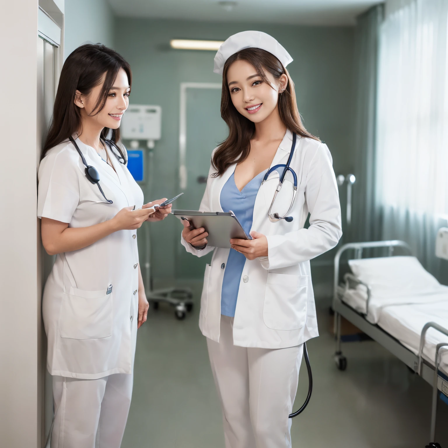 ((top-quality、masutepiece、8K、Top image quality、Bright lighting、Beautiful skin))、((1 nurse,Manteau blanc、Nurse Cap,authentic nurse cap、Full body white、pants style white coat、nurse white pants、Perfect smile、A big smile staring at the camera、Looking at the camera、Standing in a hospital room、holding a clipboard、perfect clipboard、stand with a clipboard、Shoot in the knee、Her whole body))、((Breasts are big、hyperdetailed face、stethoscope、二重まぶた、White clean teeth、Breasts are big、Perfect makeup,Gentle expression、shiny lip、Detailed depiction of the background of the hospital room、Perfect litthing))