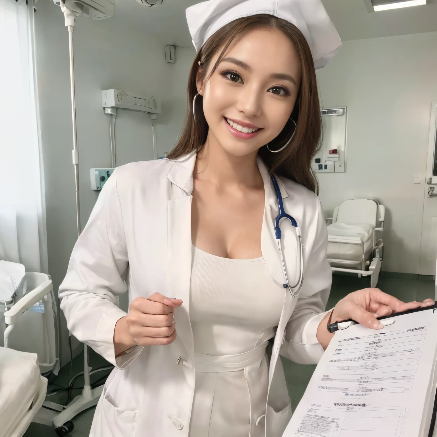 ((top-quality、masutepiece、8K、Top image quality、Bright lighting、Beautiful skin))、((1 nurse,Manteau blanc、Nurse Cap,authentic nurse cap、Full body white、pants style white coat、nurse white pants、Perfect smile、A big smile staring at the camera、Looking at the camera、Standing in a hospital room、holding a clipboard、perfect clipboard、stand with a clipboard、Shoot in the knee、Her whole body))、((Breasts are big、hyperdetailed face、stethoscope、二重まぶた、White clean teeth、Breasts are big、Perfect makeup,Gentle expression、shiny lip、Detailed depiction of the background of the hospital room、Perfect litthing))