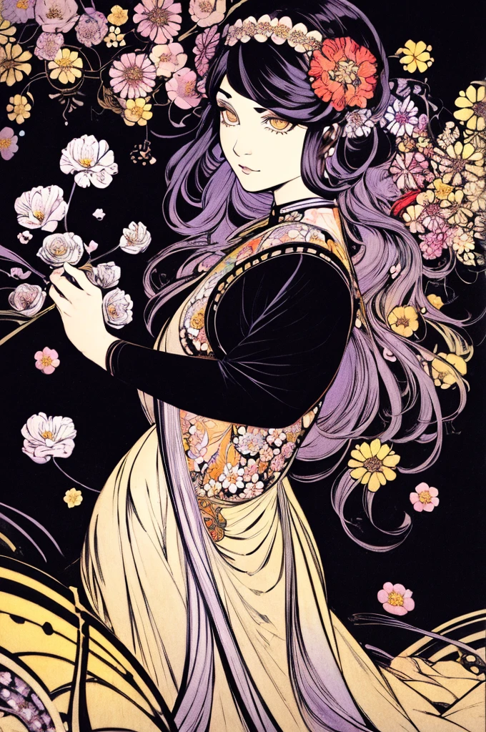 (art nouveau:1.25), Maximalism artstyle,neon theme,suprematism,beautiful detailed flower, beautiful detailed eyes,hyper detailed,flower,hyper quality,,eyes,flower and hair is same color,beautifuly color,face,her hair is becoming flower, flower,hair,flower,butterfly,,1girlkawaii,,high details, high quality,back light,hair and clothes is flower,upper body ,high quality,hair with body ,webbed dress, upper body, flower leg, flower hands,body with flower,    flower with clothes , dress with flower, , light particles,black background,  Hair with flower,small breast with flower,floating hair with flower,floating1girl,small breast,  marbling with hair and clothes, looking at viewer,original,arm down, paper cutting, black background, flower forground,  hair with flower,highres, hair with  flower,hair with flower ,hair,  wavy hair ,diffusion lighting, abstract,Butterfly with  body,   flower with hair, her hair is flower,big top sleeves, floating,pupils, [[hair over one eye]],dark