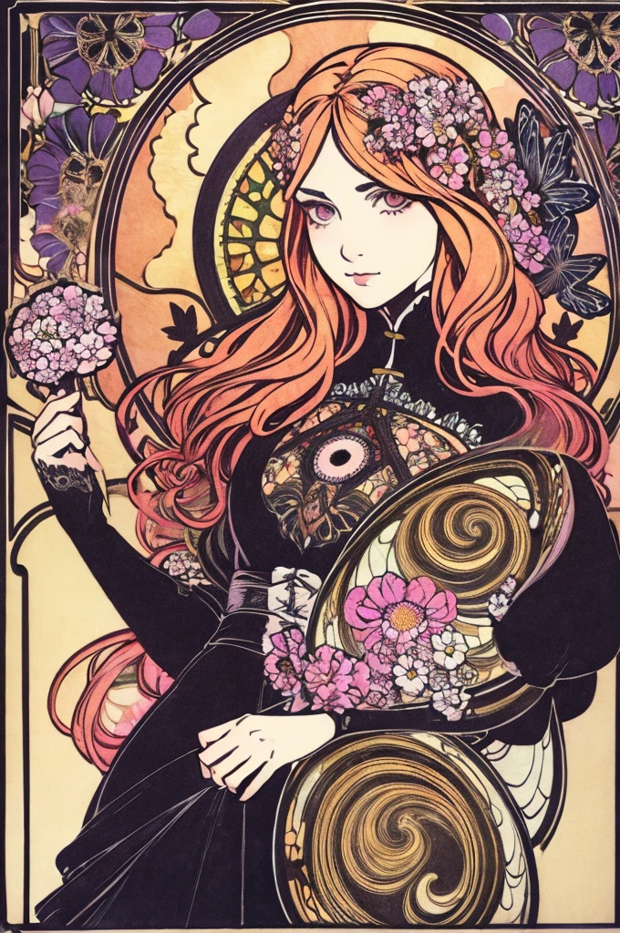 (art nouveau:1.25), Maximalism artstyle,neon theme,suprematism,beautiful detailed flower, beautiful detailed eyes,hyper detailed,flower,hyper quality,,eyes,flower and hair is same color,beautifuly color,face,her hair is becoming flower, flower,hair,flower,butterfly,,1girlkawaii,,high details, high quality,back light,hair and clothes is flower,upper body ,high quality,hair with body ,webbed dress, upper body, flower leg, flower hands,body with flower,    flower with clothes , dress with flower, , light particles,black background,  Hair with flower,small breast with flower,floating hair with flower,floating1girl,small breast,  marbling with hair and clothes, looking at viewer,original,arm down, paper cutting, black background, flower forground,  hair with flower,highres, hair with  flower,hair with flower ,hair,  wavy hair ,diffusion lighting, abstract,Butterfly with  body,   flower with hair, her hair is flower,big top sleeves, floating,pupils, [[hair over one eye]],dark