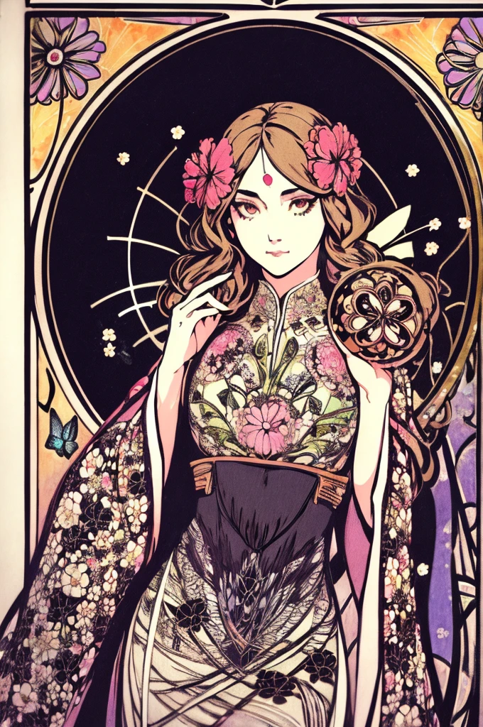 (art nouveau:1.25), Maximalism artstyle,neon theme,suprematism,beautiful detailed flower, beautiful detailed eyes,hyper detailed,flower,hyper quality,,eyes,flower and hair is same color,beautifuly color,face,her hair is becoming flower, flower,hair,flower,butterfly,,1girlkawaii,,high details, high quality,back light,hair and clothes is flower,upper body ,high quality,hair with body ,webbed dress, upper body, flower leg, flower hands,body with flower,    flower with clothes , dress with flower, , light particles,black background,  Hair with flower,small breast with flower,floating hair with flower,floating1girl,small breast,  marbling with hair and clothes, looking at viewer,original,arm down, paper cutting, black background, flower forground,  hair with flower,highres, hair with  flower,hair with flower ,hair,  wavy hair ,diffusion lighting, abstract,Butterfly with  body,   flower with hair, her hair is flower,big top sleeves, floating,pupils, [[hair over one eye]],dark