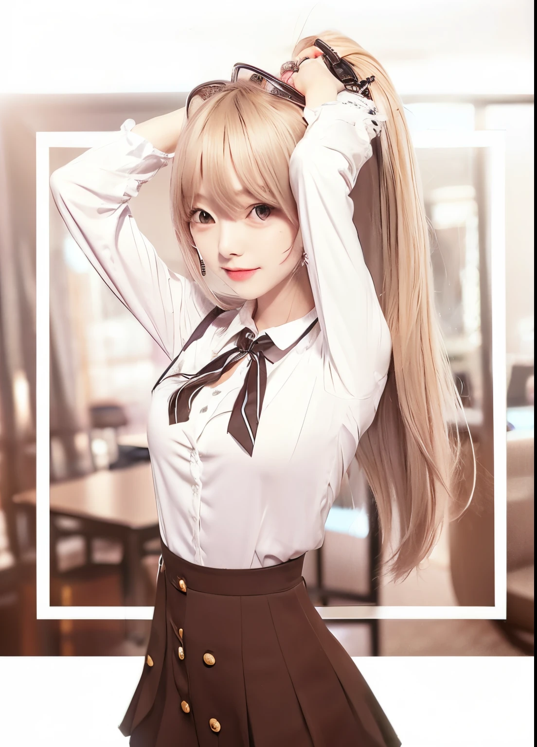 Masterpiece, High quality, vivd colour,flat-colors,Deep Depth Of Field,Lens Flare,1 girl, vanilla hair,eyecontact, detailed eye,gold eye, Suit,Collared shirt,Belt bag,suspenders,Professional,Office Lady,Mature Women,Black mini skirt garterbelts knee high Stockings Black Niso Colorcon armpit sweat perspiring,Gaze,ample bosom,Armpit sweat,Exposing the armpits"Pichi Pichi clothes