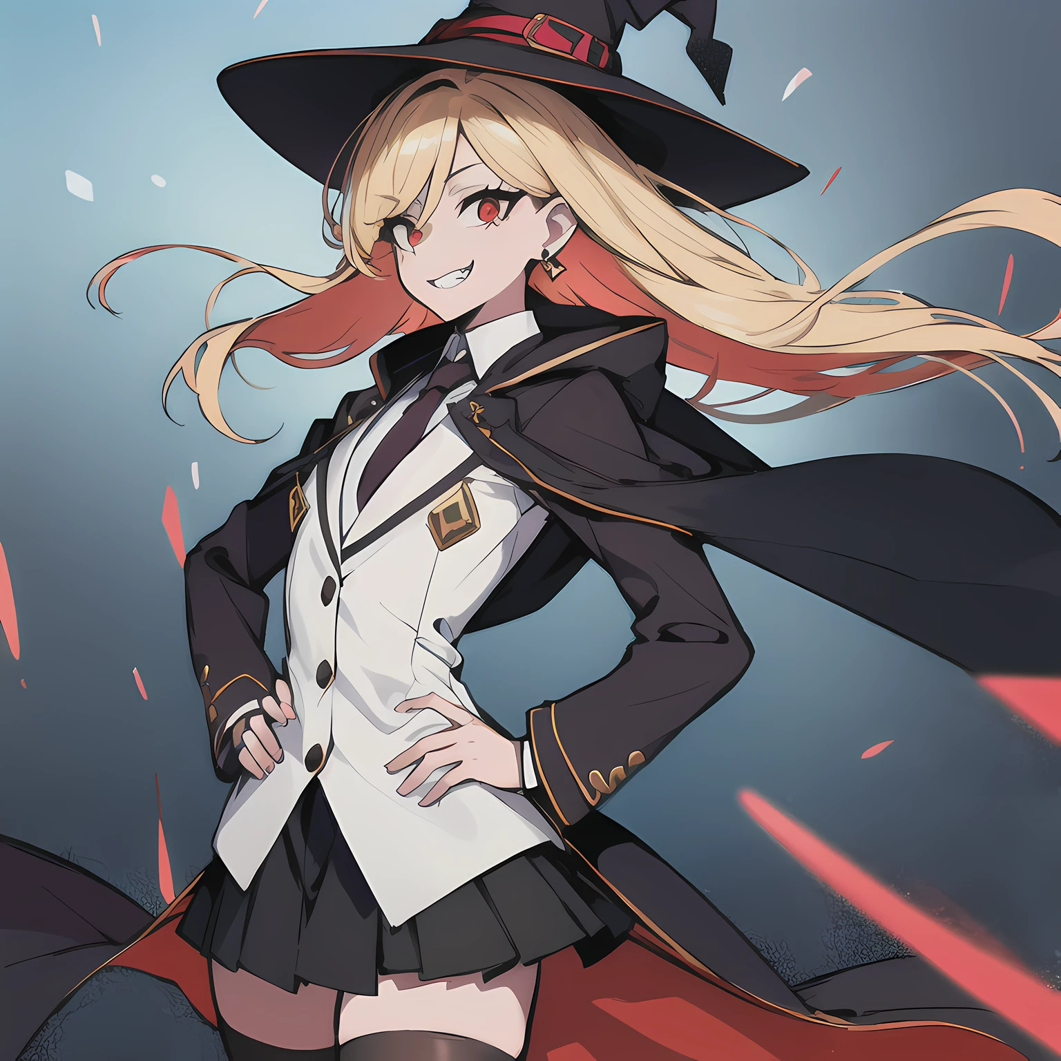 (absurdres, 8k, 4k, masterpiece, hyper extreme detailed:1.2), solo, 1girl, side view, perfect face, 1girl, portrait, looking at viewer, standing, Female, Mature Female, very long hair, 8k uhd, 1girl, cowboy shot, standing, full body, front view, red tie, night sky, stockings, big witch hat, witch, blonde hair, piercings, earrings, detailed eyes, expressive eyes, colorful pupils, blazer, skirt, fang tooth, red eyes, earrings, hand on hip, flat chest, looking forward, forward view, messy hair, wind, windy, moving hair, moving clothes, swept bangs, mature body, gyaru, cloak, looking forward, fang, toothy grin,