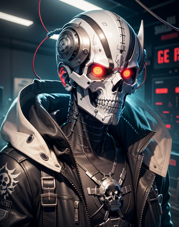 Skull mask, cyborg, skull, teeth, wires, cables, masterpiece, best quality