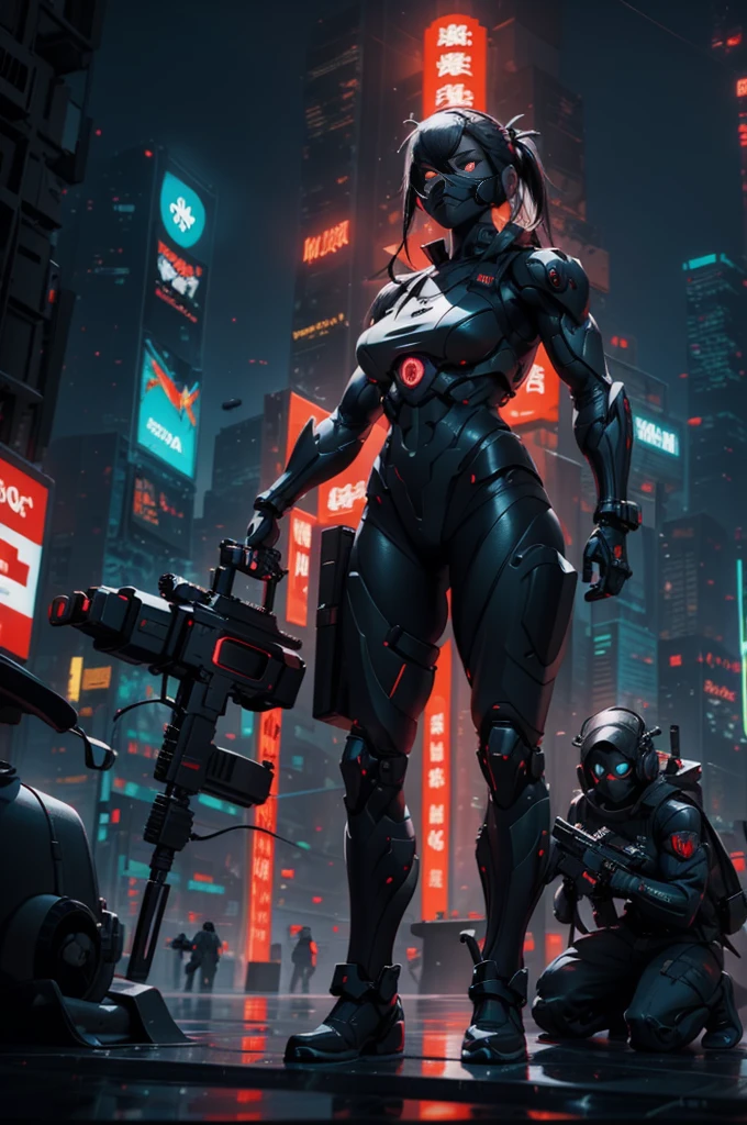 Muscle Special Forces Girl，eyes glowing,  Wearing black special forces equipment, Gun in hand, full bodyesbian, Shoot at knee level, Cyberpunk, neonlight, Futuristic, surrealist, Red，3D, Redshift, Maxon Cinema 4D, Quaixel Megascan rendering, Doomsday colors, Red light, Futuristic, 1/3, High detail, Ultra high quality, illusory engine, 8K,