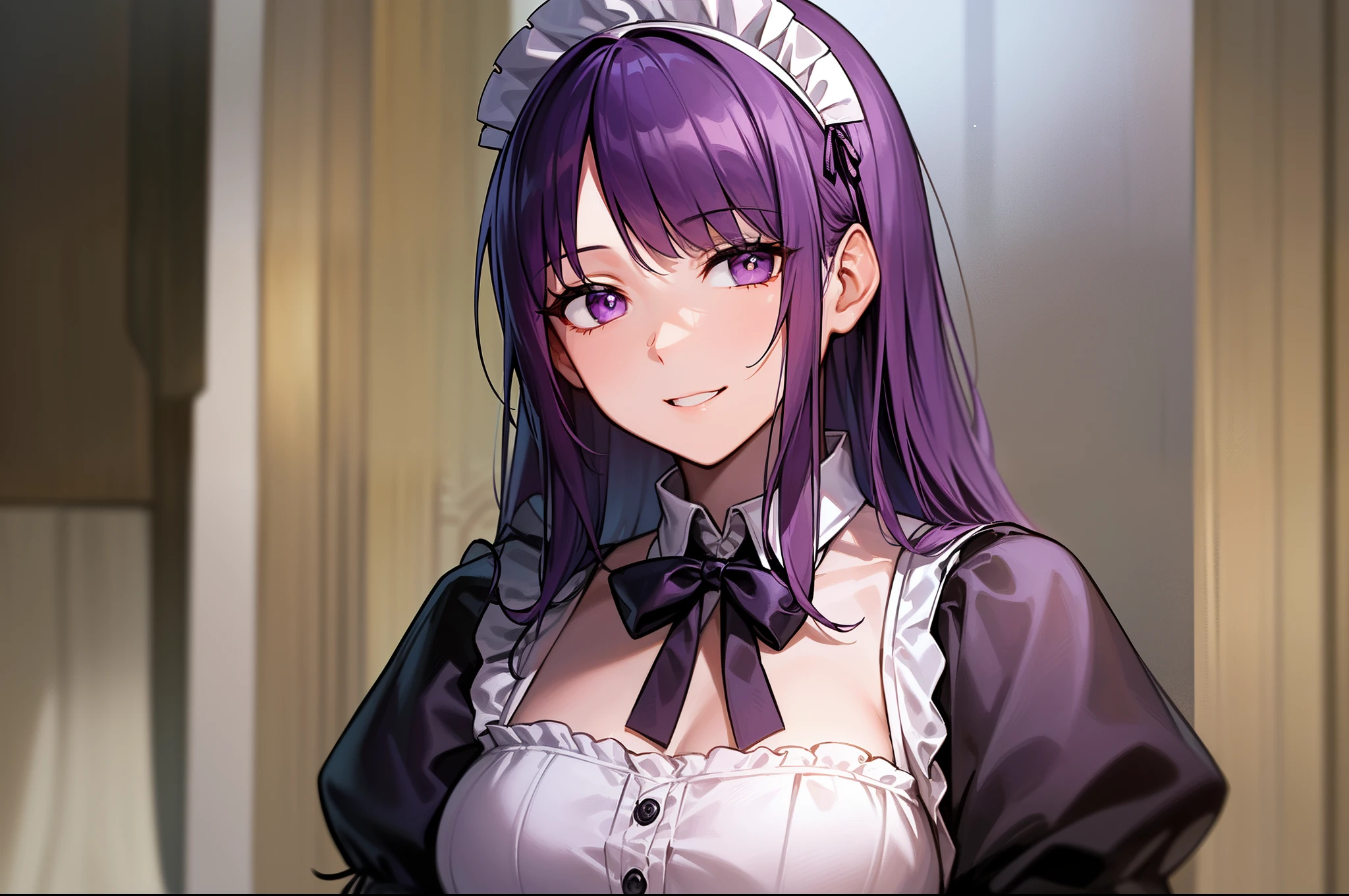 ((beste Quality)), ((Masterpiece)), (超detailded:1.4),(32k images),(ultra-high detailed),Best Anime,Sharpness,The best wallpapers,(Perfect anatomy without destruction),(Beautiful eyes with detailed and detailed details,Lustrous purple eyes),(Glossy pale purple long hair:1.1),((Maid:1,)),(Adult women in their early 20s),(Very dense and delicate maid clothes:1.5,Long flared skirt),smile on face:1.6,Victorian style,roses