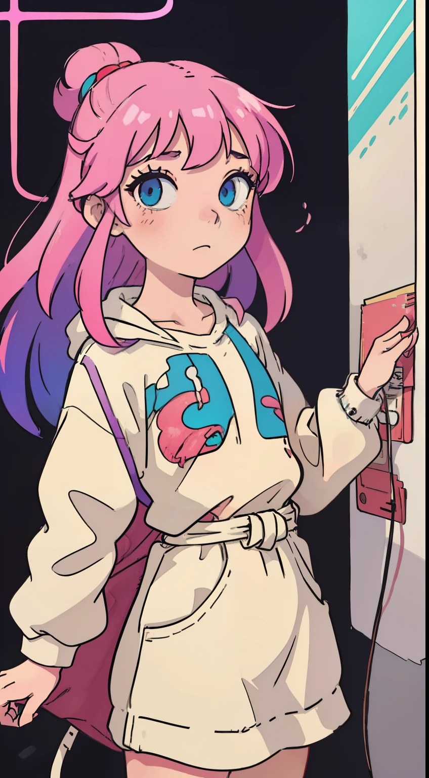 girl with、(lofi), Analog Color Theme, Long hair gradient、Lo-Fi Hip Hop , Flat, 2.5D ,line-drawing, Ink drawing, Large gradients, watercolor paiting, Goosch color, Studio Ghibli style, Awesome colorful, Outturn, Synth Wave, lofi art,90s style,Old textures, amplitude,90s atmosphere, Will、wrap books around clothes