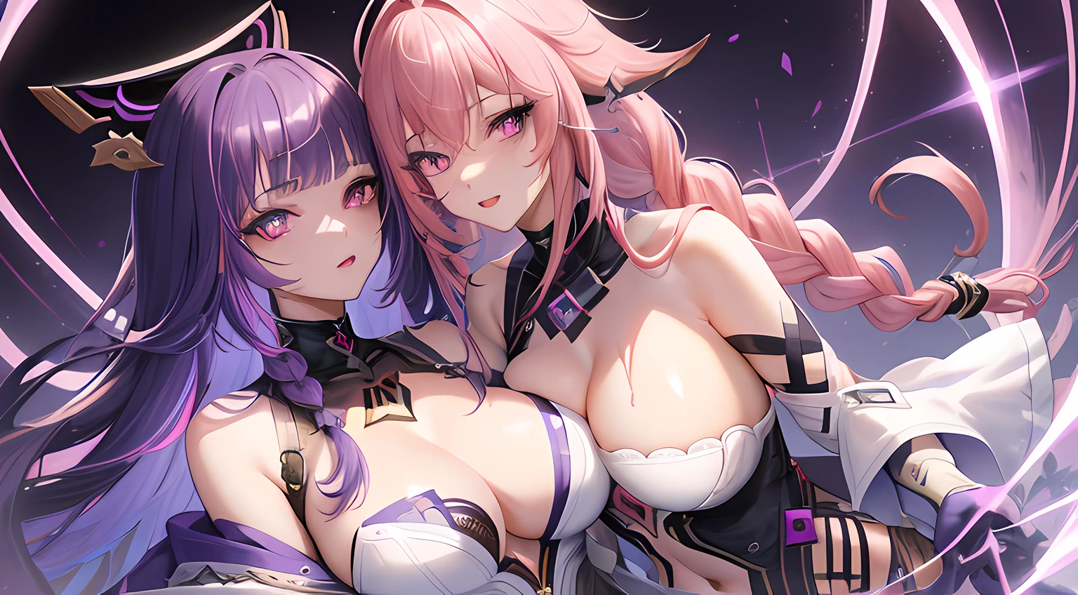 2girl,(lady:1.2), ((extremely detailed face, hair, skin, eyes)), HDR, 4k, 16k, 32k, 64k, 128k, 256k, 512k, asymmetrical balance, TSAA, FXAA, antialiasing, intricate details, fantastic, magic, light rays, raytracing, postprocessing, eyelashes, (eyeshadow), eyeliner, mascara, makeup, yuri, (thighs:0.8) nsfw, dynamic angle,
(raiden shogun:1.05), genshin impact, and (yae miko from genshin impact with pink hair and purple eyes:1.2), curvy,
(purple hair:1.2),
(long hair:1.2),
(braided:1.2),
blunt bangs,
purple eyes,
(large breasts),