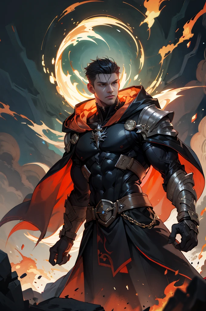 (absurdres, highres, ultra detailed), 1 male, mature, aged up, handsome, tall muscular guy, broad shoulders, very short hair, undercut, aquamarine eyes, finely detailed eyes and detailed face, extremely detailed CG unity 8k wallpaper, intricate details, (style-swirlmagic:0.8), portrait, looking at viewer, solo, (full body:0.6), dynamic pose, detailed background, madness in eyes, hovering in the air, necromancer, evil to the core, red clouds, casting a spell, fireball, hooded dark robe, dark circlet, underworld, warhammer theme, bringer of the false light, dark clouds, floating pieces of dirt, decadence, evil energy emanating, dark aura, broken shackles, , cowboy shot