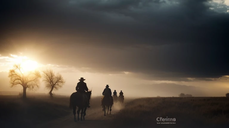 cowboys ride horses in the village at night, A cloudy day, Cowboys, Cowboy Dream, The Old West, Cowboy, The Old West, 4 to the Wild West, In the Old West, Driving on the road, The Wild West, Tomáš Jedruszek, Christian V.... Sanders, In the steppe, Atmospheric photo, Cinematic Atmospheric Photography
