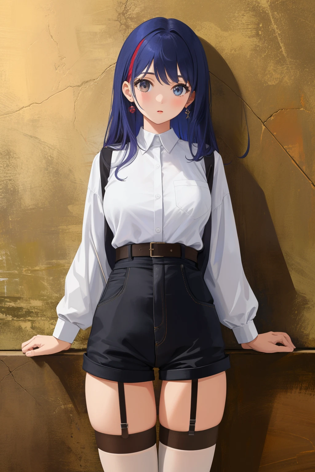 ((masterpiece, best quality)), 1girl, tall, cute young woman, colored hair, white shirt, shorts, black garter belt