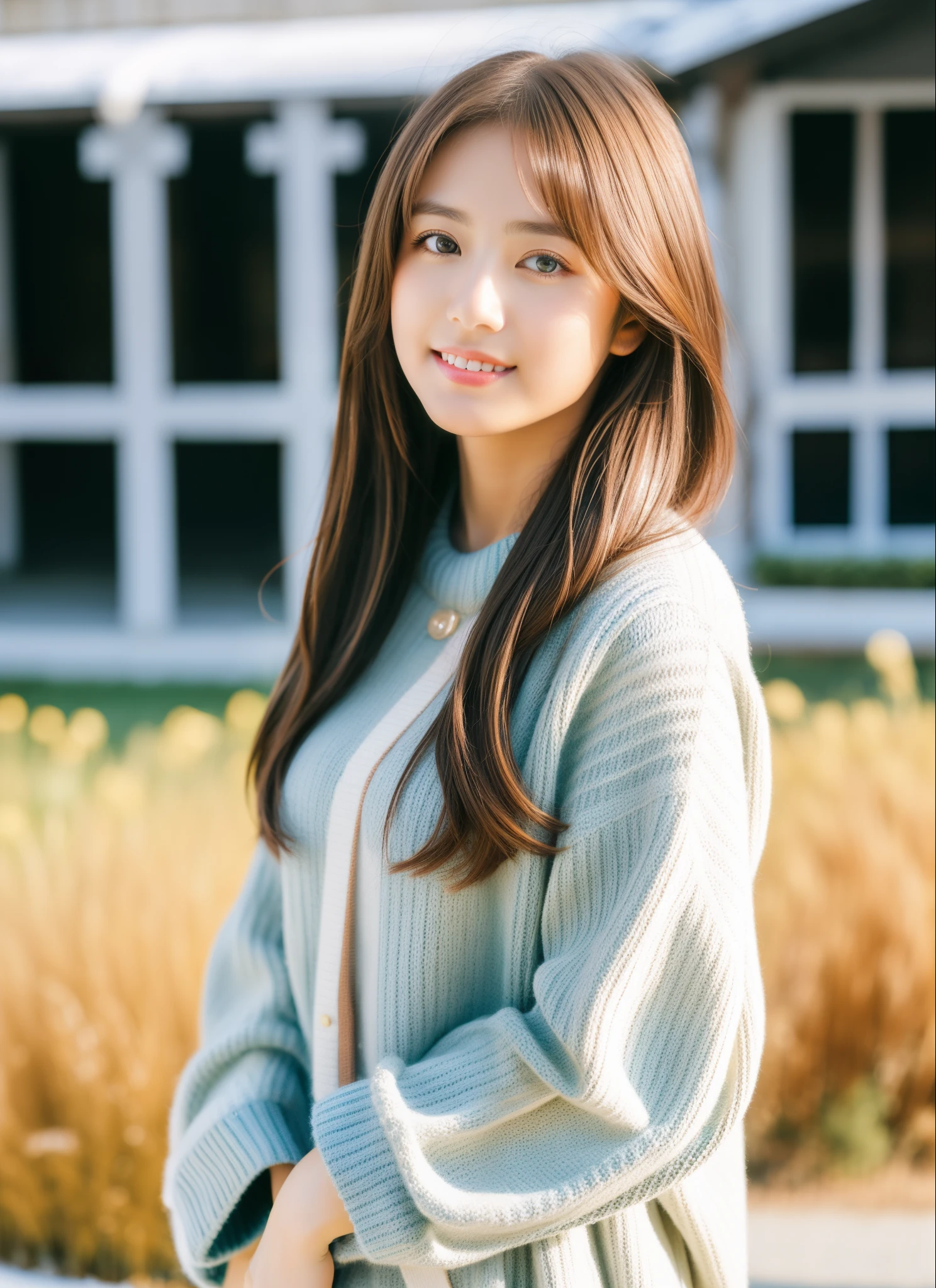 masterpiece, Beautiful Japan woman at 21 years old, ((light brown hair)), blue eyess, tiny chest,(Sweater coat), Hair flowing in the wind, (detailed facial features), Winters, (realisitic), (ultra-detailliert:1.15), A detailed eye, (full body Esbian:1.5), Photorealsitic, foco nítido, 8K UHD, Digital SLR, hightquality, film grains,smil、The background is in front of a large house
