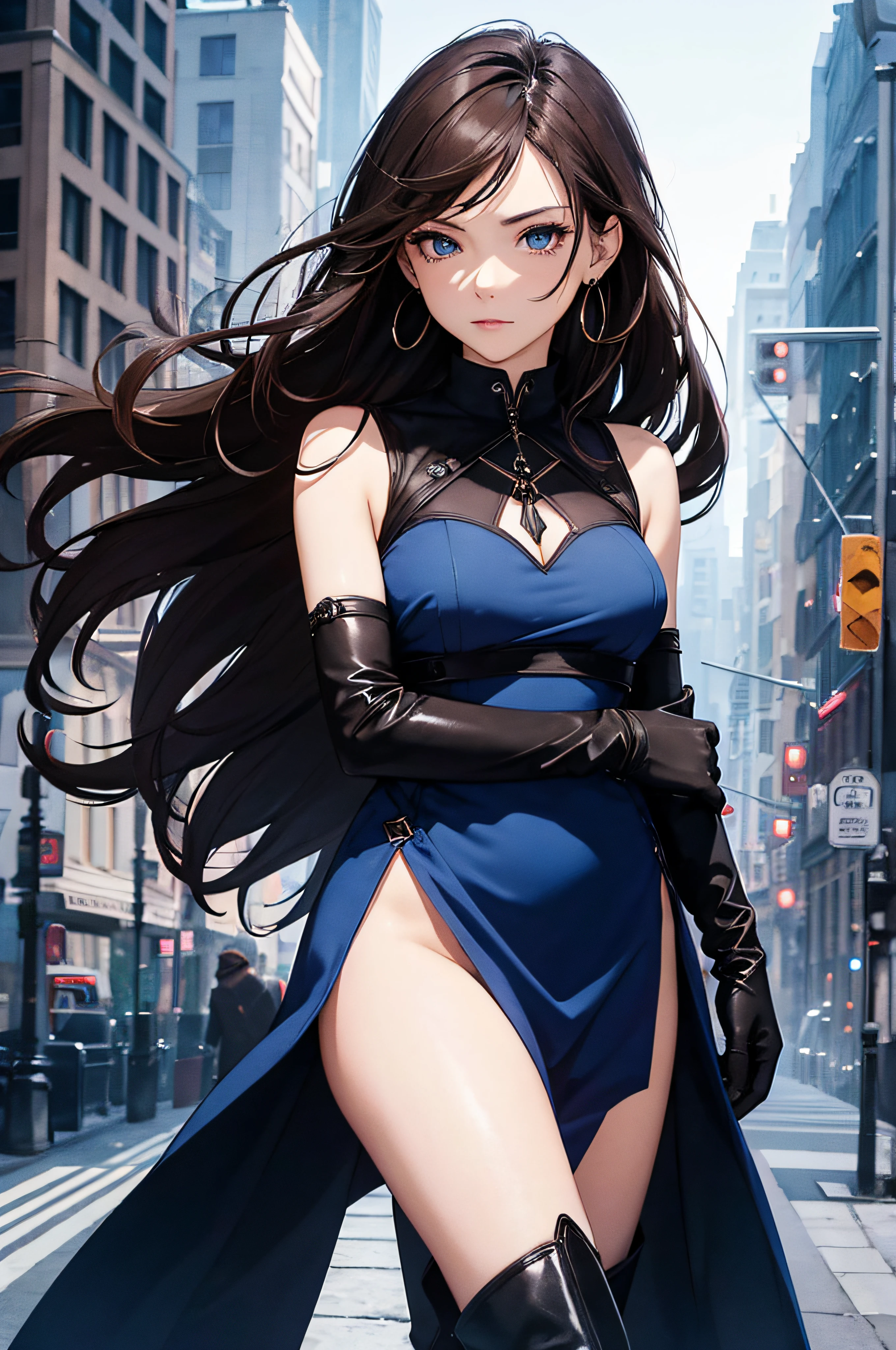 (masterpiece), best quality, expressive eyes, perfect face, 1 girl, solo, woman, blue dress, sleeveless, brown hair, long hair, black boots, thigh-high boots, black gloves, elbow-length gloves, earrings, gothic make up, night, city background, standing, portrait, looking at the viewer