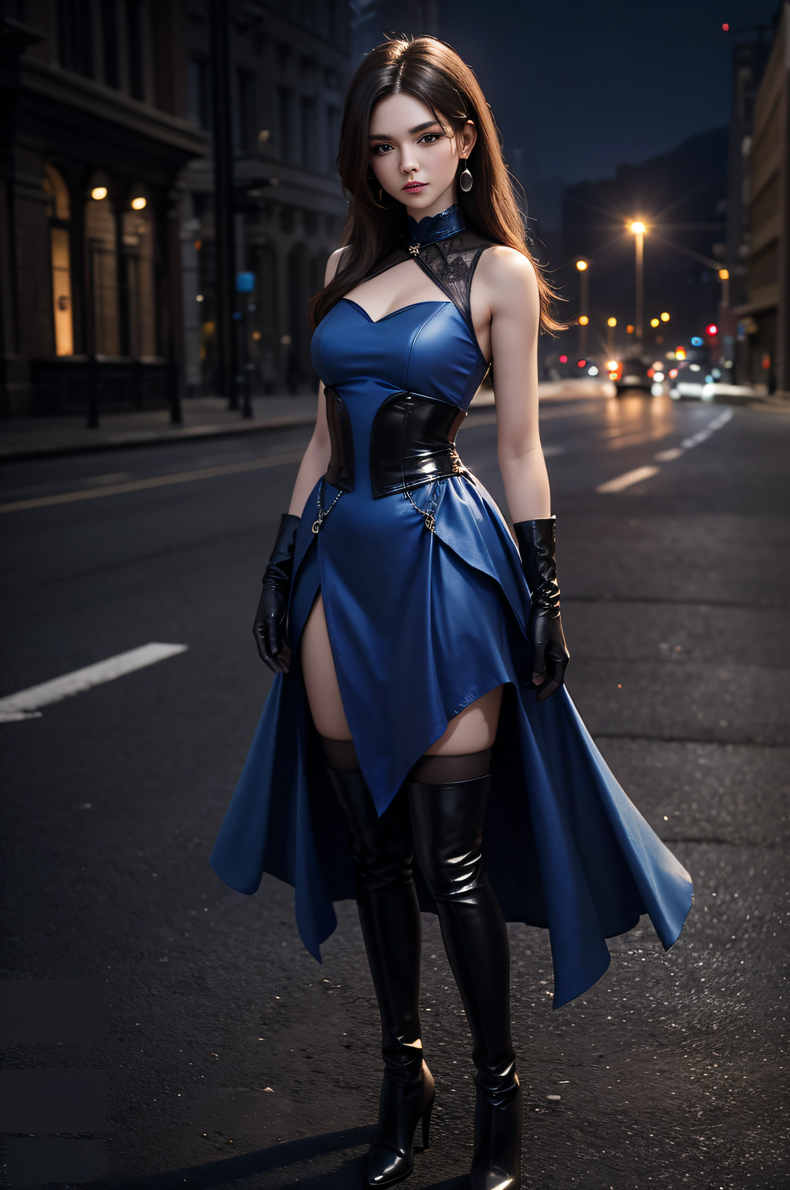 (masterpiece), best quality, expressive eyes, perfect face, 1 girl, solo, woman, blue dress, fullbody dress, sleeveless, brown hair, long hair, black boots, thigh-high boots, black gloves, elbow-length gloves, earrings, gothic make up, night, city background, standing, portrait, looking at the viewer