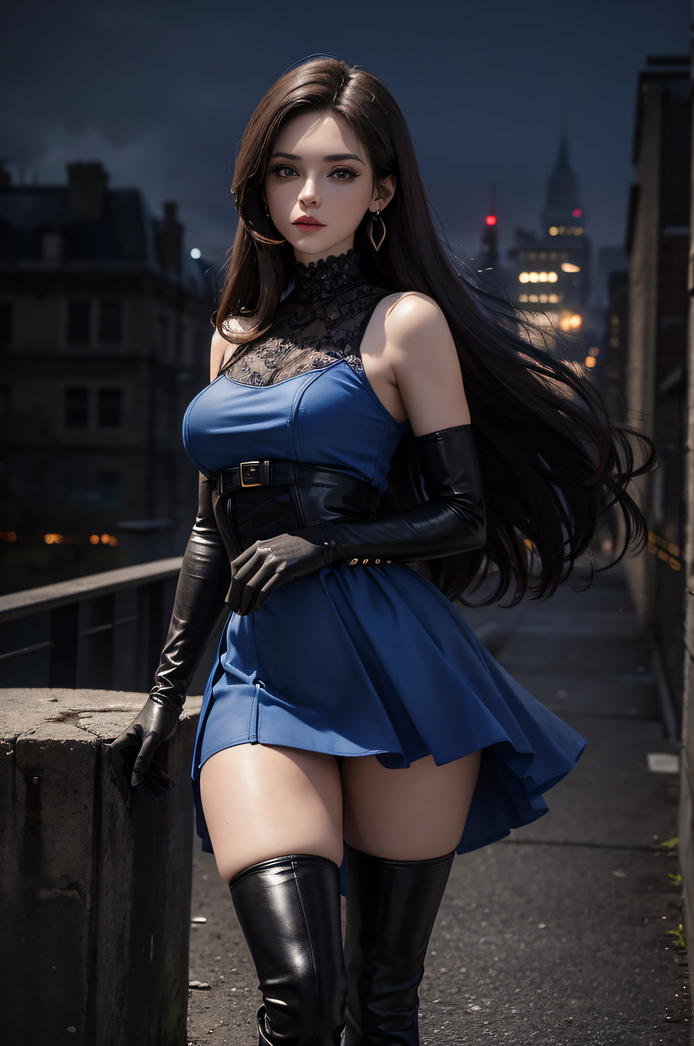 (masterpiece), best quality, expressive eyes, perfect face, 1 girl, solo, woman, blue dress, sleeveless, brown hair, long hair, black boots, thigh-high boots, black gloves, elbow-length gloves, earrings, gothic make up, night, city background, standing, portrait, looking at the viewer