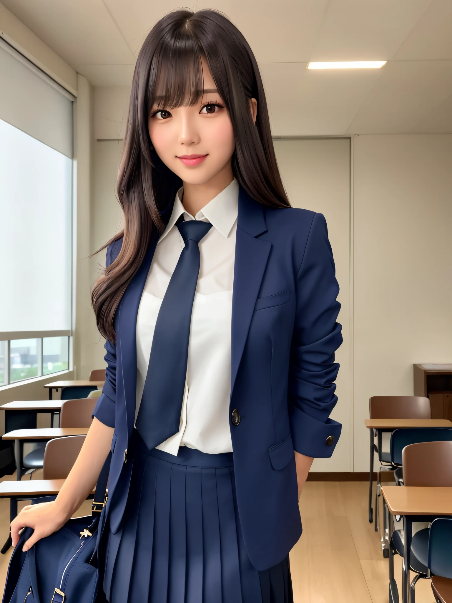 8K, highest quality, real image, intricate details, Super detailed, ultra high resolution, depth field,(realistic,realistic:1.2),table top , frontal shot , From the middle , 1 girl, eye_Chan, very beautiful  girl, innocent big eyes,、beautiful breasts:1.5、非常に詳細なeye:1.2)、(beautiful breasts:1.1)、wavy hair、curly hair、bangs、, perfect skin, Fair skin, huge breasts, put your hand on your chest、tight waist, light blush, alone, looking at the viewer, light smile, ((School_uniform),(dark blue blazer), (white shirt、Wearing a tie), (gray pleated skirt), (sculpture installation :1.1)
