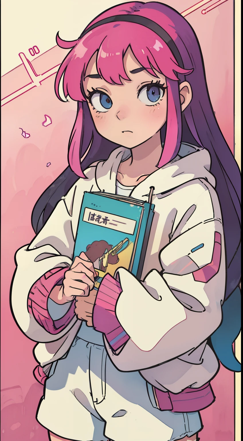girl with、(lofi), Analog Color Theme, Long hair gradient、Lo-Fi Hip Hop , Flat, 2.5D ,line-drawing, Ink drawing, Large gradients, watercolor paiting, Goosch color, Studio Ghibli style, Awesome colorful, Outturn, Synth Wave, lofi art,90s style,Old textures, amplitude,90s atmosphere, Will、wrap books around clothes
