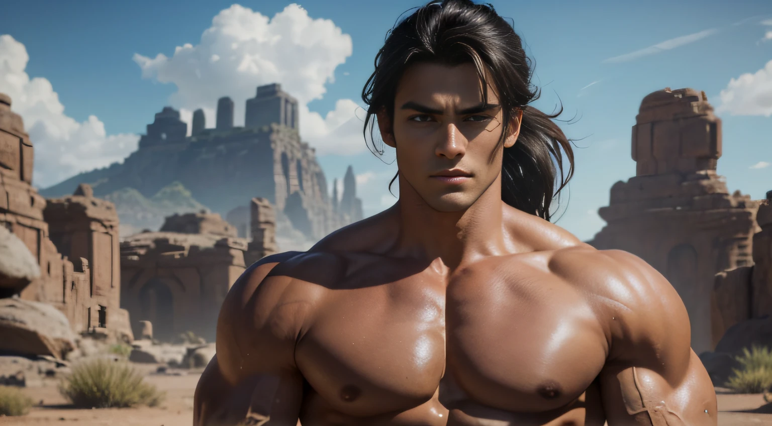 TANNED BOY. Conan Exiles style, standing in front, (((((front))))) Full body volumetric lighting, muscles highlighted by light, Front light, Young bodybuilder, clean-shaven, Warrior, has no chest hair (************ age) (Young face), Tanned skin (swarthy skin), muscular body (Good anatomy) 180 kg, Mexican facial features, dark brown hair, hair blown by the wind, Hair in a ponytail with bangs falling over the forehead and on Both Sides of Face, White Sclera, Blue Eyes (Detailed Eyes) Big Eyes, ((Blue Eyes)), Teen Face, prominent pecs and abs, noticeable biceps, Shirtless, topless, wears a tight string thong, crotch bulge, almost naked, beautiful face, young face, perfect face, Ruins of a Jedi temple in a rocky desert behind it, Sunny day, Few clouds in the sky。