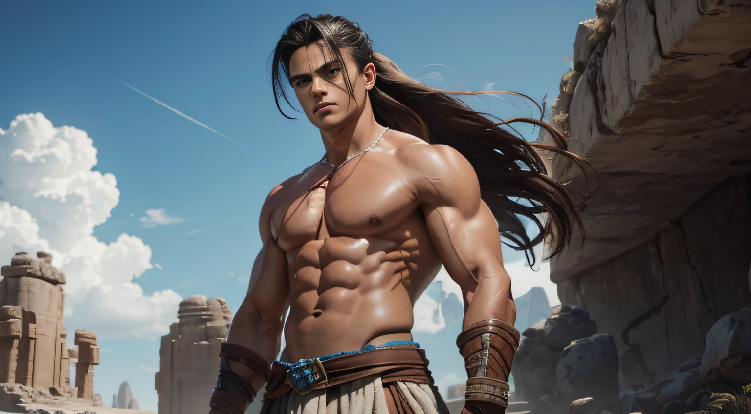 TANNED BOY. Conan Exiles style, standing in front, (((((front))))) Full body volumetric lighting, muscles highlighted by light, Front light, Young bodybuilder, clean-shaven, Warrior, has no chest hair () (Young face), Tanned skin (swarthy skin), muscular body (Good anatomy) 180 kg, Mexican facial features, dark brown hair, hair blown by the wind, Hair in a ponytail with bangs falling over the forehead and on Both Sides of Face, White Sclera, Blue Eyes (Detailed Eyes) Big Eyes, ((Blue Eyes)), Teen Face, prominent pecs and abs, noticeable biceps, Shirtless, topless, wears a tight string thong, crotch bulge, almost naked, beautiful face, young face, perfect face, Ruins of a Jedi temple in a rocky desert behind it, Sunny day, Few clouds in the sky。