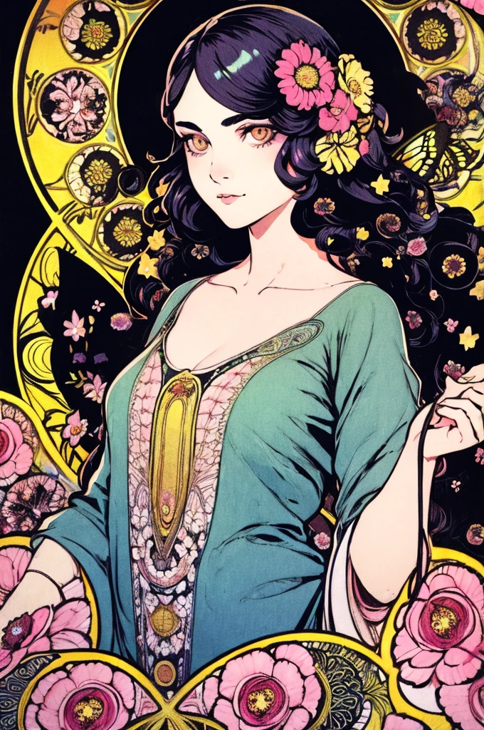 (art nouveau:1.25), Maximalism artstyle,neon theme,suprematism,beautiful detailed flower, beautiful detailed eyes,hyper detailed,flower,hyper quality,,eyes,flower and hair is same color,beautifuly color,face,her hair is becoming flower, flower,hair,flower,butterfly,,1girlkawaii,,high details, high quality,back light,hair and clothes is flower,upper body ,high quality,hair with body ,webbed dress, upper body, flower leg, flower hands,body with flower,    flower with clothes , dress with flower, , light particles,black background,  Hair with flower,small breast with flower,floating hair with flower,floating1girl,small breast,  marbling with hair and clothes, looking at viewer,original,arm down, paper cutting, black background, flower forground,  hair with flower,highres, hair with  flower,hair with flower ,hair,  wavy hair ,diffusion lighting, abstract,Butterfly with  body,   flower with hair, her hair is flower,big top sleeves, floating,pupils, [[hair over one eye]],dark