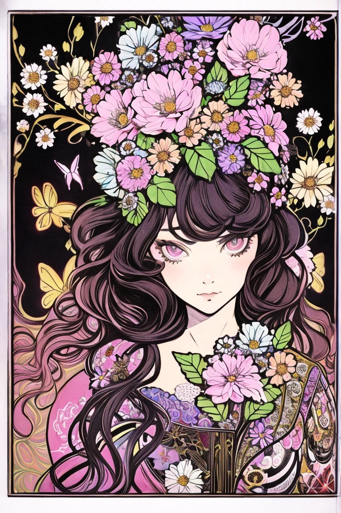 (art nouveau:1.25), Maximalism artstyle,neon theme,suprematism,beautiful detailed flower, beautiful detailed eyes,hyper detailed,flower,hyper quality,,eyes,flower and hair is same color,beautifuly color,face,her hair is becoming flower, flower,hair,flower,butterfly,,1girlkawaii,,high details, high quality,back light,hair and clothes is flower,upper body ,high quality,hair with body ,webbed dress, upper body, flower leg, flower hands,body with flower,    flower with clothes , dress with flower, , light particles,black background,  Hair with flower,small breast with flower,floating hair with flower,floating1girl,small breast,  marbling with hair and clothes, looking at viewer,original,arm down, paper cutting, black background, flower forground,  hair with flower,highres, hair with  flower,hair with flower ,hair,  wavy hair ,diffusion lighting, abstract,Butterfly with  body,   flower with hair, her hair is flower,big top sleeves, floating,pupils, [[hair over one eye]],dark