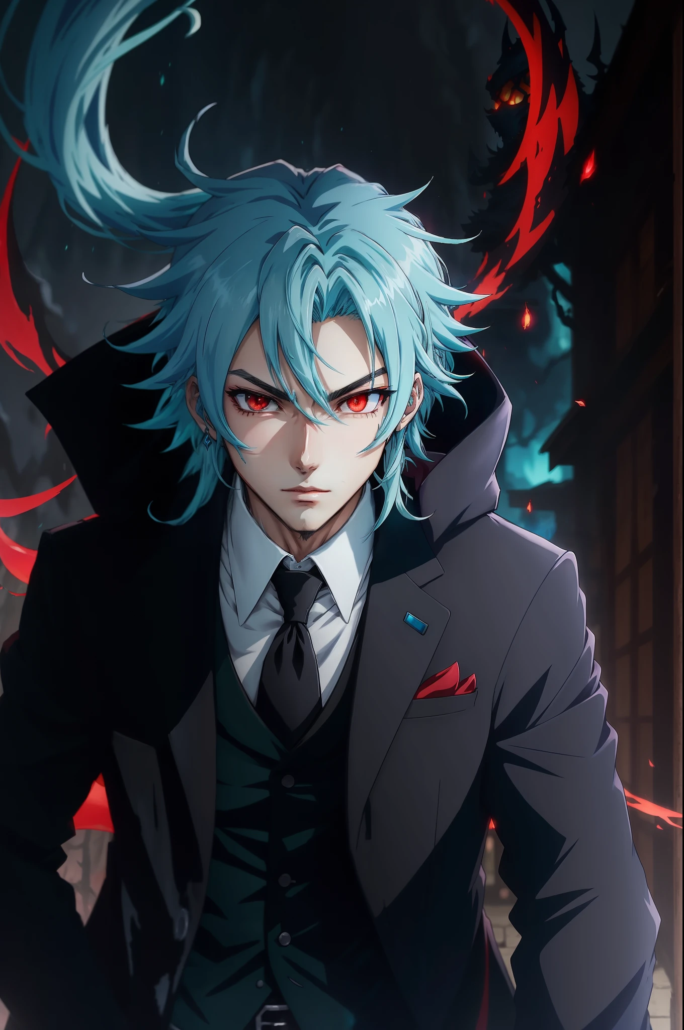 （Masterpiece）、（top-quality）、Anime style、blue hairs、Longhaire、（ember１a person）、Red eyes、Long coat in black、Black suit、（demon king）、When I was reincarnated, I was a slime