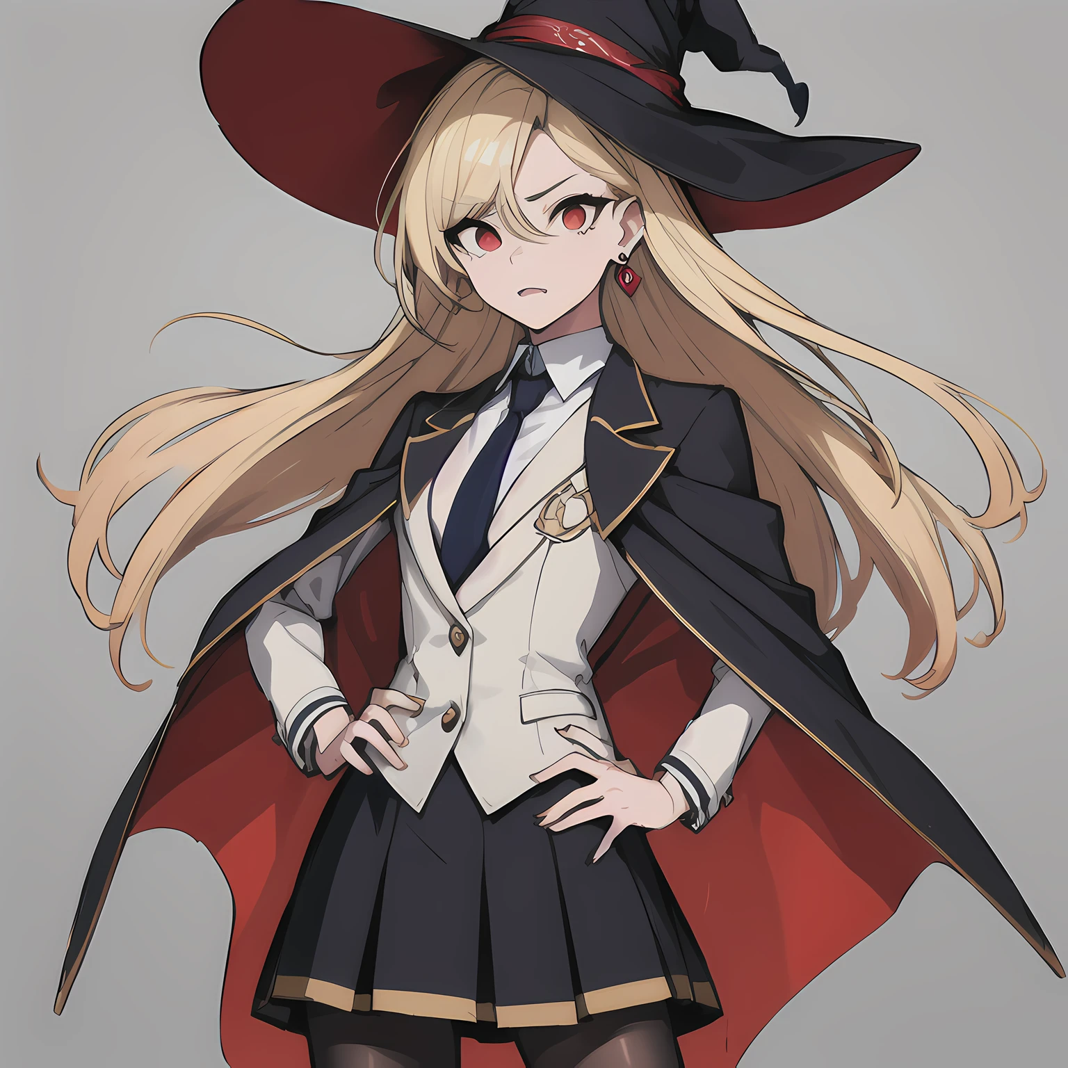 (absurdres, 8k, 4k, masterpiece, hyper extreme detailed:1.2), solo, 1girl, side view, perfect face, 1girl, portrait, looking at viewer, standing, Female, Mature Female, very long hair, 8k uhd, 1girl, cowboy shot, standing, full body, front view, red tie, night time, pantyhose, big witch hat, witch, blonde hair, piercings, earrings, detailed eyes, expressive eyes, colorful pupils, black blazer, red skirt, fang tooth, red eyes, earrings, hand on hip, flat chest, looking forward, forward view, messy hair, wind, windy, moving hair, moving clothes, swept bangs, mature body, gyaru, cloak, looking forward, fang, hypnoLora, empty eyes, annoyed, long skirt,