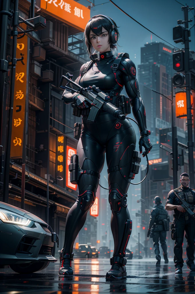 Muscle Special Forces Girl，eyes glowing,  Wearing black special forces equipment, Gun in hand, full bodyesbian, Shoot at knee level, Cyberpunk, neonlight, Futuristic, surrealist, Red，3D, Redshift, Maxon Cinema 4D, Quaixel Megascan rendering, Doomsday colors, Red light, Futuristic, 1/3, High detail, Ultra high quality, illusory engine, 8K,