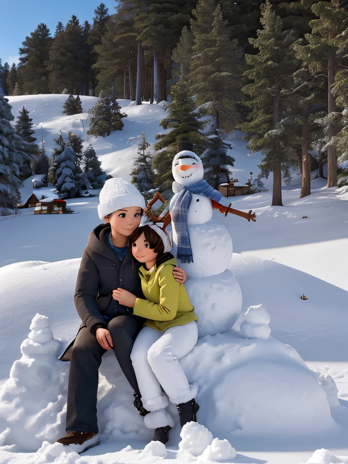 A couple in winter sitting near snowman