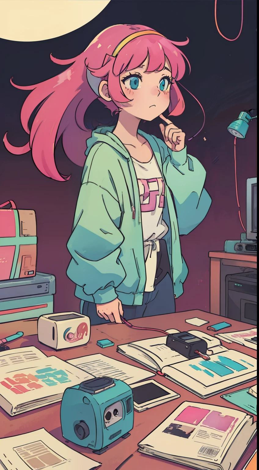 girl with、(lofi), Analog Color Theme, Long hair gradient、Lo-Fi Hip Hop , Flat, 2.5D ,line-drawing, Ink drawing, Large gradients, watercolor paiting, Goosch color, Studio Ghibli style, Awesome colorful, Outturn, Synth Wave, lofi art,90s style,Old textures, amplitude,90s atmosphere, Will、wrap books around clothes