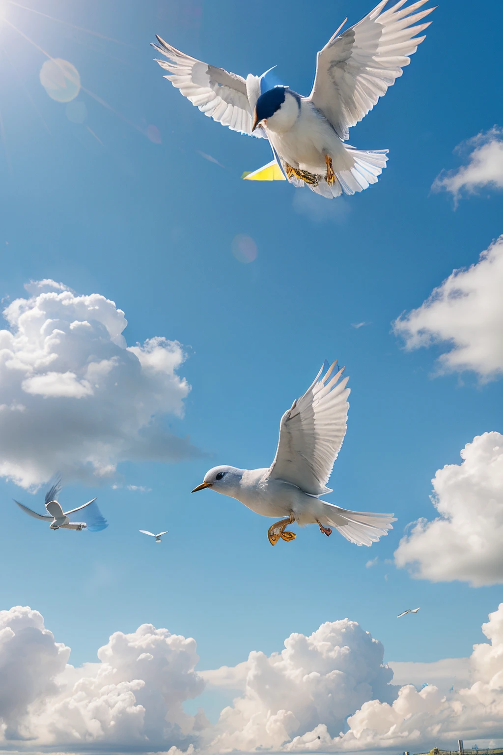 white bird with blue crest flying in anime style, flying in different positions