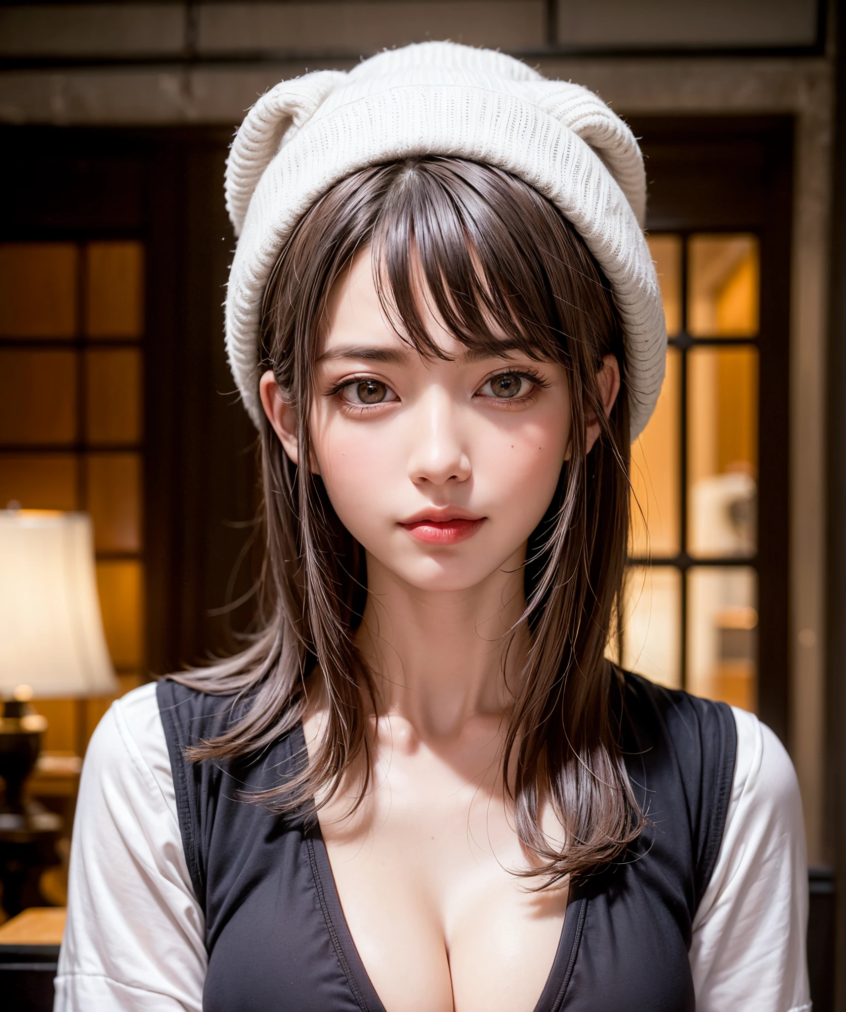(​masterpiece, top-quality),1girl in, 独奏, A dark-haired, scarf, Hats, realisitic, realisitic, looking at the viewers, black eyes of light color, Brunette Short Bob Hair, Brown coat, Winter clothes, White headscarf, s lips, bangss, plein air, a closed mouth, The upper part of the body、big eye、Lashes、((Beautiful landscape of sparkling snow))、(((short bob hair with bangs、Lustrous hair、big eye、large full breasts、Intense highlighting of the eyes、gazing at viewer、Beautiful beauty、Put your ears out、long neck、little smiling、Close your mouth and smile、Ideal ratio body proportions)))、{Gigantic|Big|Huge|Mega} breasts, cleavage