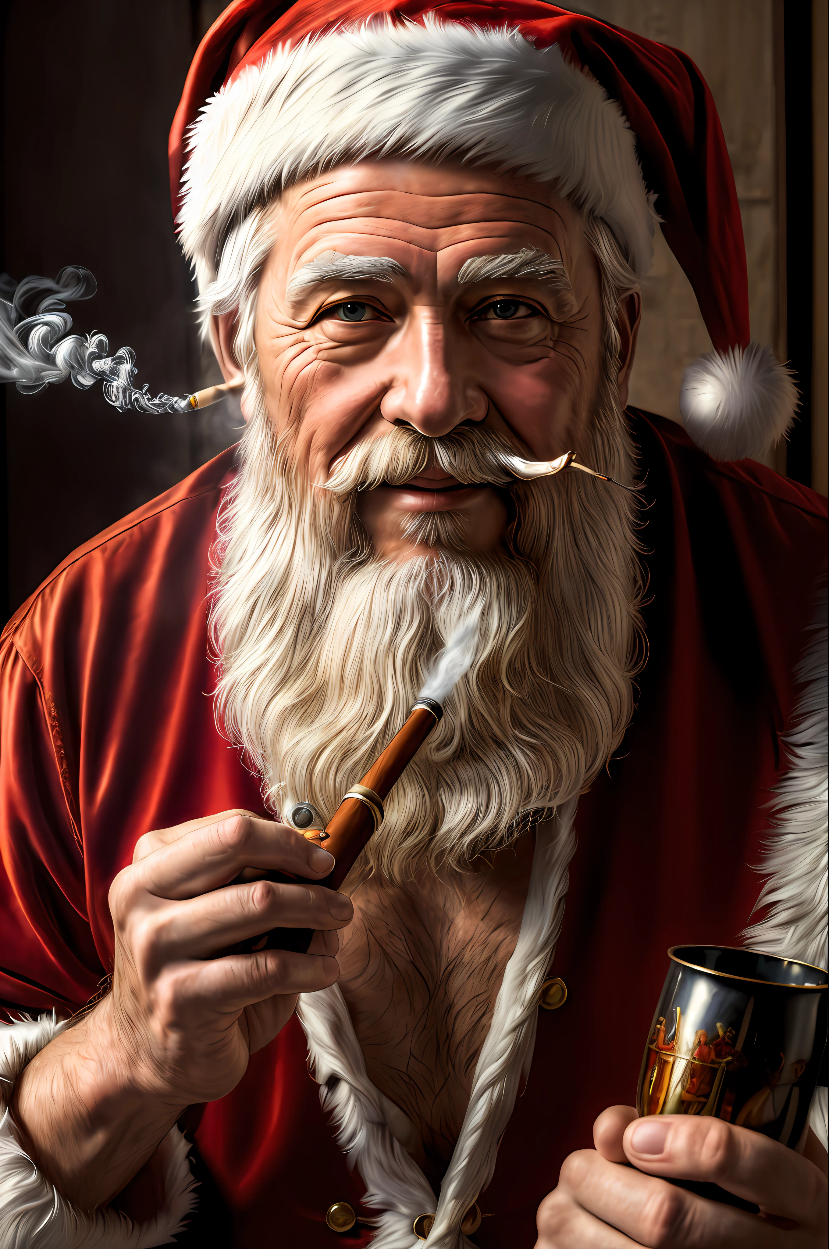 (masterpiece, photorealistic, raw,:1.4), (extremely intricate:1.2), close up, cinematic light, sidelighting, ultra high res, best shadow, RAW, upper body, Santa Claus, smoking pipe