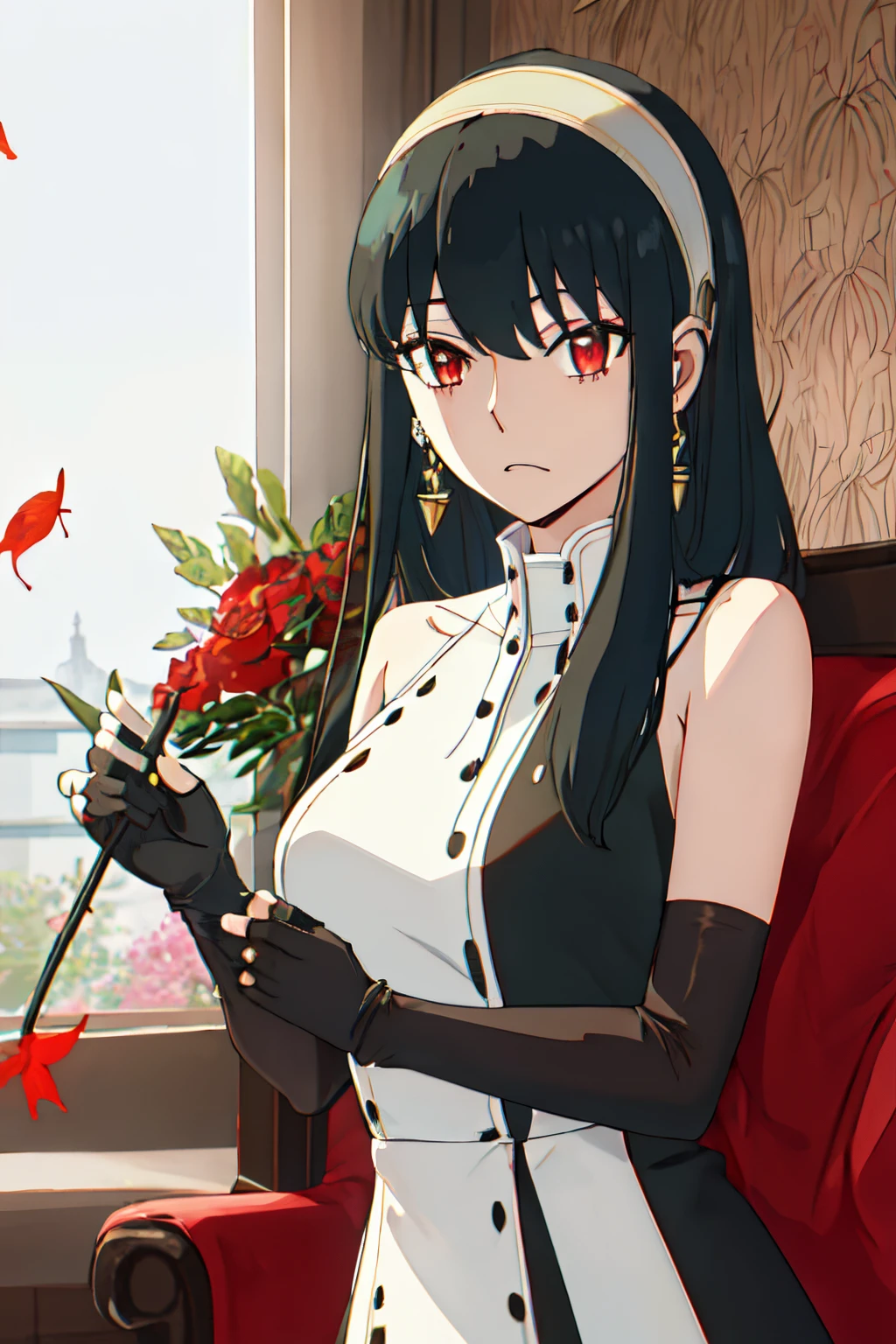 best quality, masterpiece, highres, solo, {yor_briar_spyxfamily:1.15}, black_hair, hairband, red_eyes, sidelocks, white_hairband, jewelry, earrings, bangs, long_hair, 1girl, bare_shoulders, hair_ornament, fingerless_gloves, flower, gloves, hair_flower, black_dress, black_gloves, dress, looking_at_viewer, upper_body, breasts, holding, leaf, sleeveless