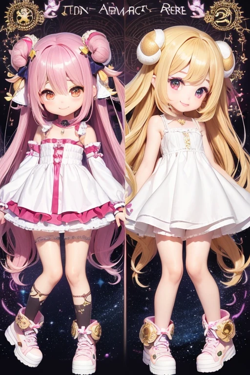 (Same character, front, side, back), (full body); 3d; cute; 3d toy art; anime style; chibi style; glitter; horoscope sign Aries goddess; Ram details; ♈ symbol;