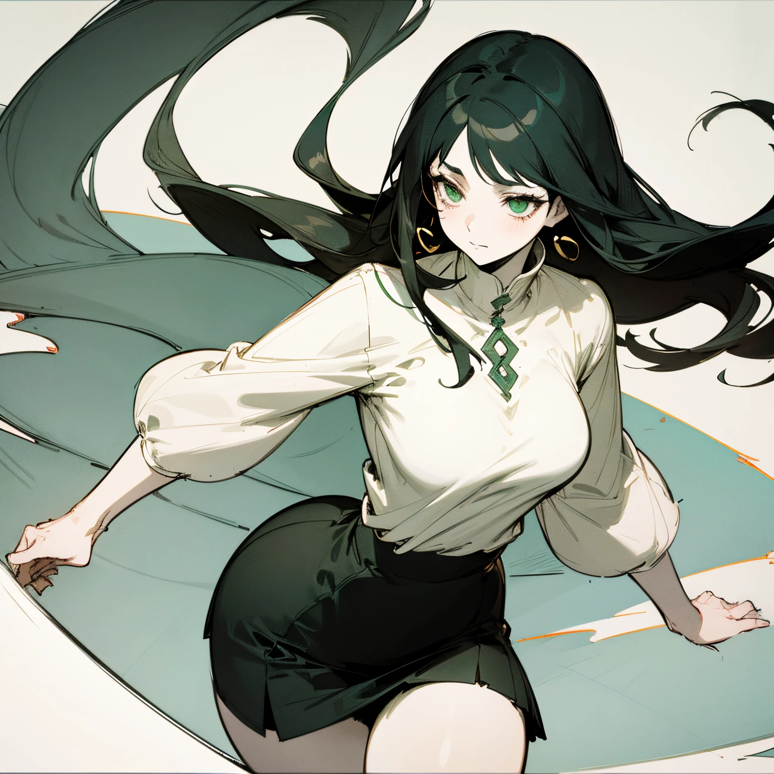 "Stunningly detailed anime sketch of a solo ((toned)) a big butt woman dressed in a skirt and top, with black hair that is free and flows past her shoulder, and green eyes that match her pale and soft skin and face that shows arrogance