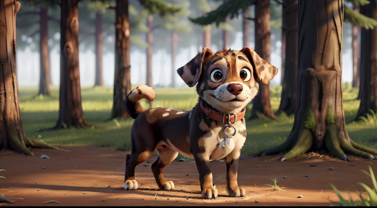 Hunting dog, medium-sized, spotted, illuminated face, lively eyes, collar, Full-figure on all fours, with the forest in the background.