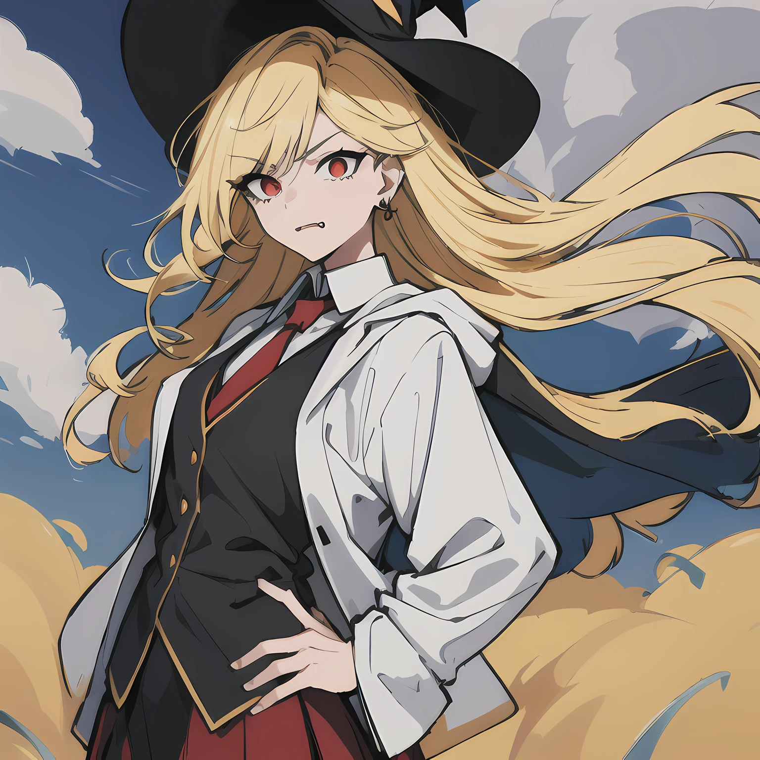 (absurdres, 8k, 4k, masterpiece, hyper extreme detailed:1.2), solo, 1girl, side view, perfect face, 1girl, portrait, looking at viewer, standing, Female, Mature Female, very long hair, 8k uhd, 1girl, cowboy shot, standing, full body, front view, red tie, night time, pantyhose, wearing hood, witch, blonde hair, piercings, earrings, detailed eyes, expressive eyes, colorful pupils, black cloak, red skirt, fang tooth, red eyes, earrings, hand on hip, flat chest, looking forward, forward view, messy hair, wind, windy, moving hair, moving clothes, swept bangs, mature body, gyaru, hood, looking forward, fang, hypnoLora, empty eyes, annoyed, long skirt, white collared shirt, adult, short, wearing hood over head,