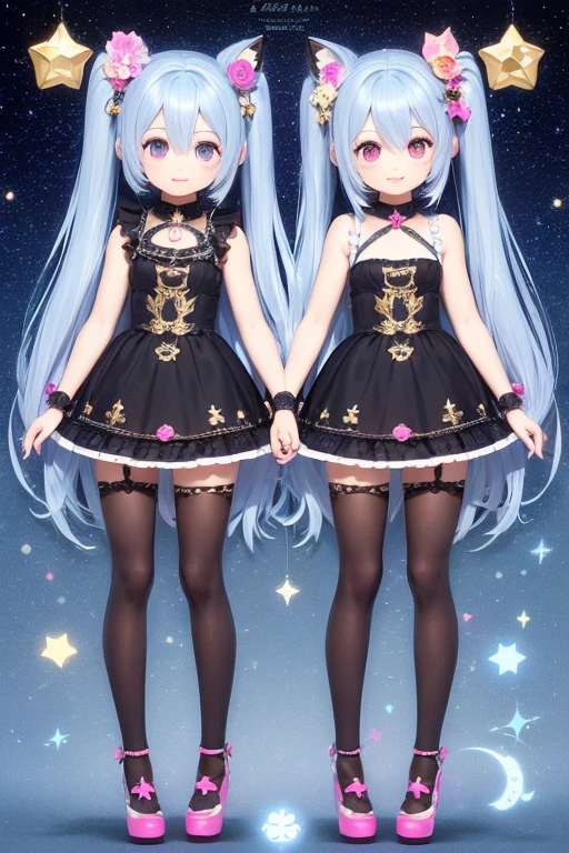 (Same character, front, side, back), (full body); 3d; cute; 3d toy art; toy art; anime style; glitter; horoscope sign Gemini; Twins details; ♊ symbol;