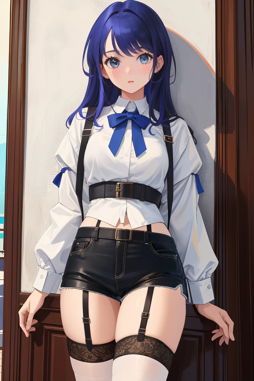 ((masterpiece, best quality)), 1girl, tall, cute young woman, colored hair, white shirt, shorts, black garter belt