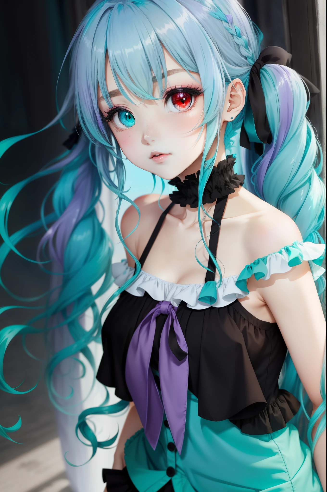 turquoise、Straight hair、anime
girl、（Heterochromia）（Right eye is red、left eye is purple）(Clothes are also turquoise)(straight turquoise)
（Shoulder out）sleeveless、The frills on the shoulders are black and simple turquoise, with no twintails throughout.