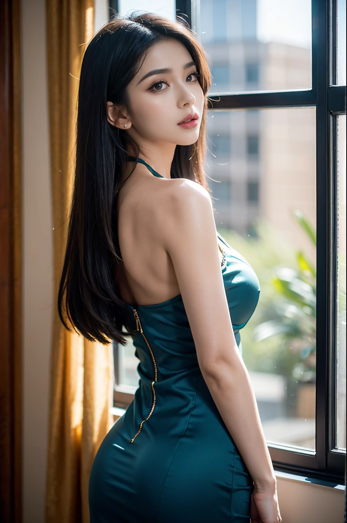 Photos of Cleopatra&#39;s natural skin, short thick black hair, Sharp eyes with blue eyeshadow, Thin, upturned nose, shapely lips, hourglass body shape, typical clothes, and makeup, Intricate maximalist details, A vibrant, epic, smooth private parts, Cinematic, 4K, The light from the back window is backlighted, fantasy desert background, and shallow depth of field.